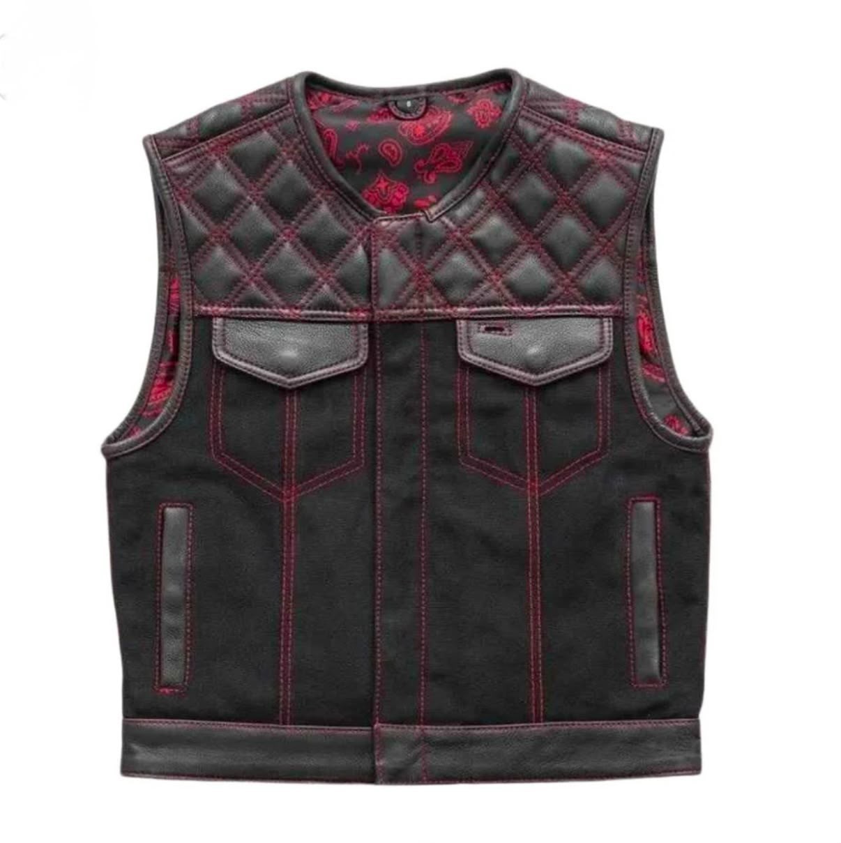 Men’s Black Leather Denim Motorcycle Vest Red Stitch Biker Club Style