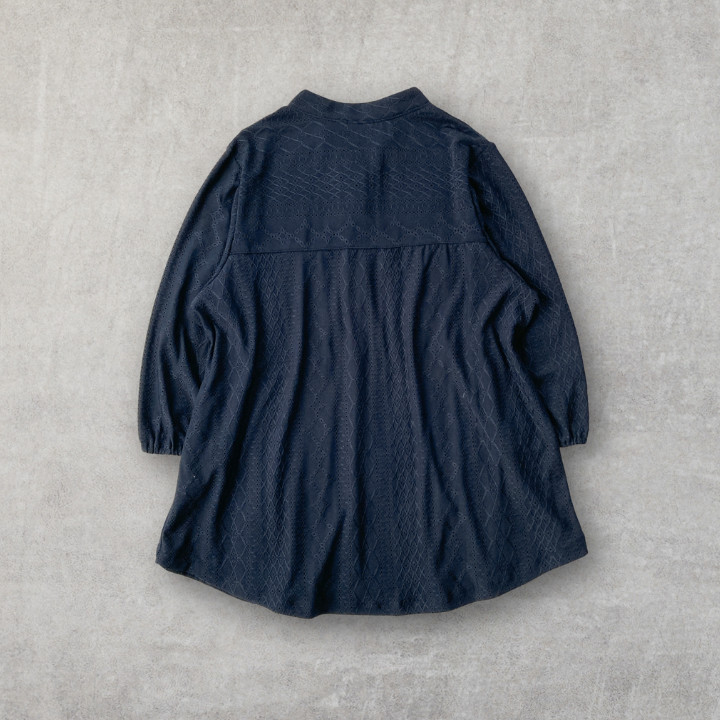 Geometric Eyelet Jersey Top Half Button 3/4 Sleeve Sheer Henley Pullover Blue