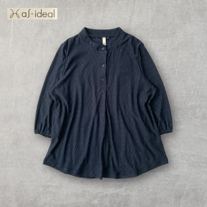 Geometric Eyelet Jersey Top Half Button 3/4 Sleeve Sheer Henley Pullover Blue