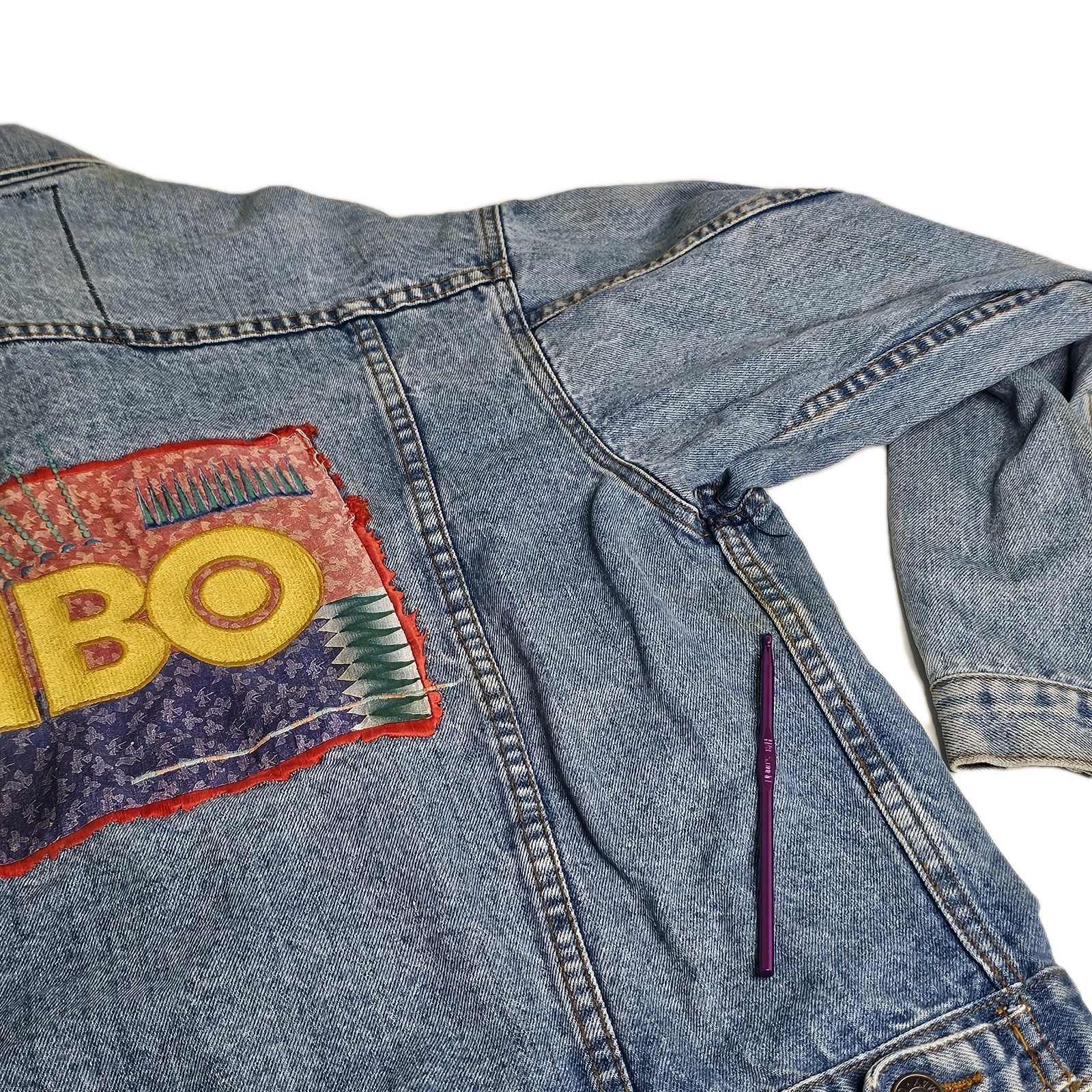 Vintage 80s 90s HBO Patchwork Jean Denim Jacket Med Pop Art Prime Time Short