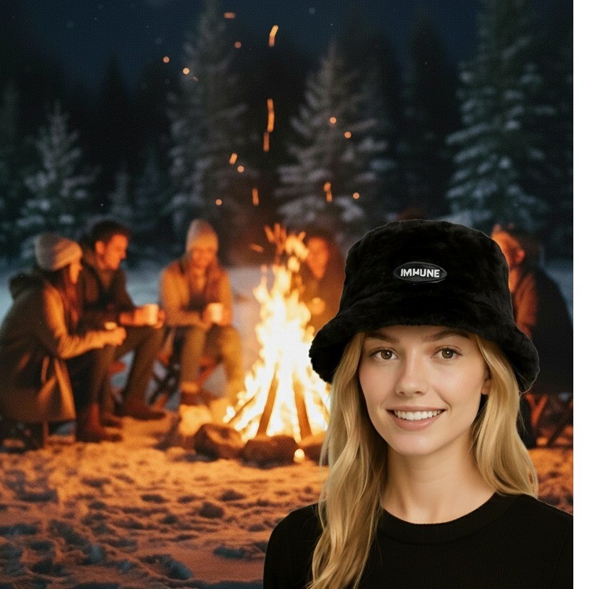 Women’s Black Faux Fur Bucket Hat IMMUNE Patch Winter Warm Fluffy Knit Cap