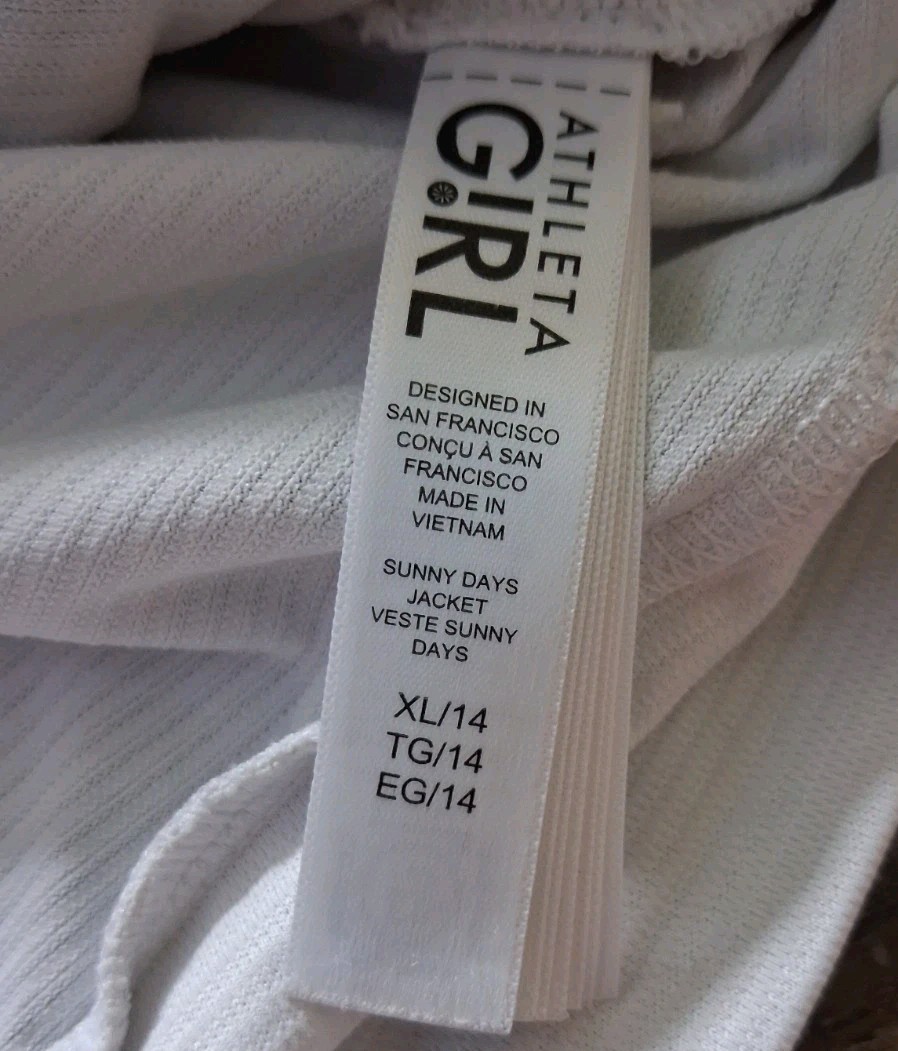 Athleta Girl Sunny Days Jacket Size XL/14 White Hooded Full Zip Activewear Logo