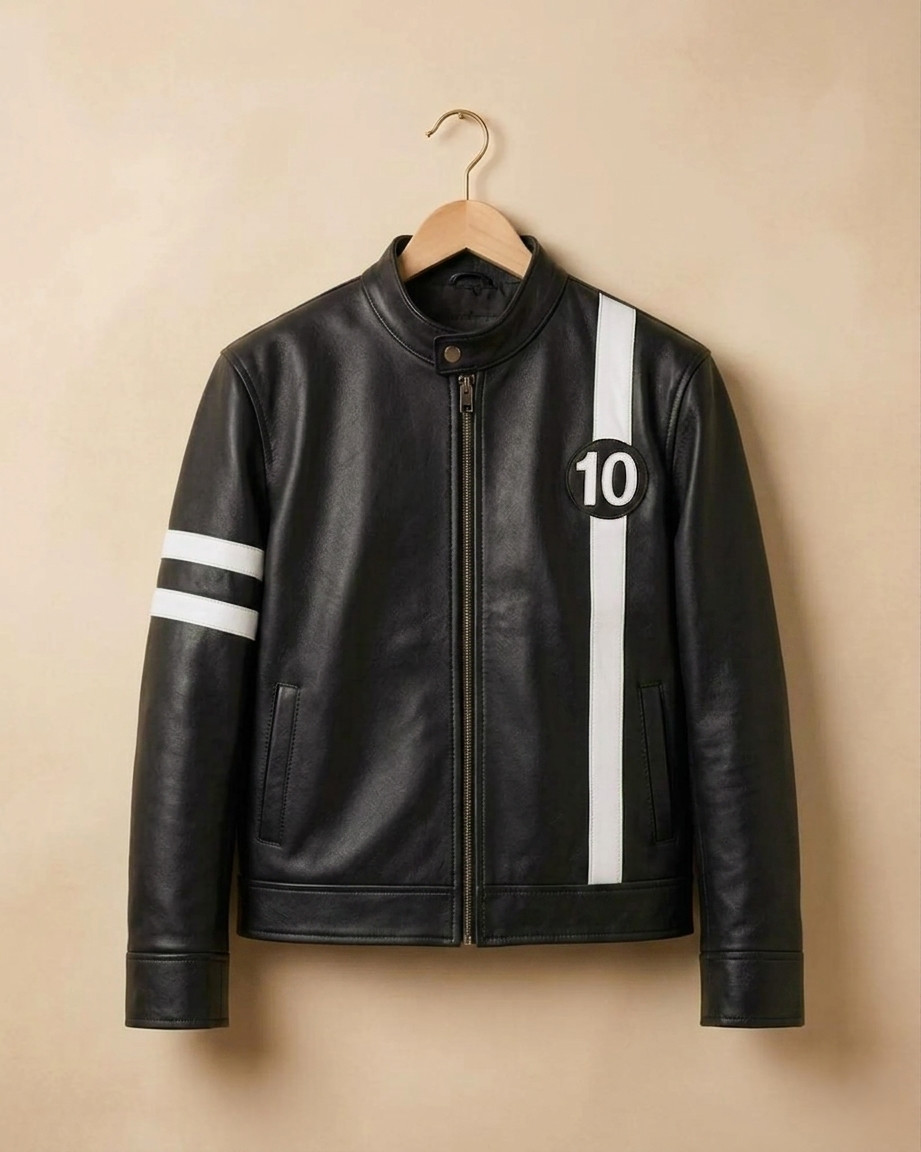 Ben 10 Inspired Mens Black Leather Biker Jacket Handmade Premium Bomber Jacket
