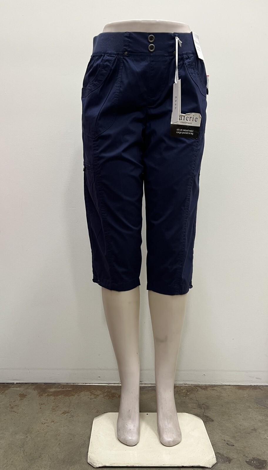 Dash solid cotton pull on front and back pockets elastic waist belt loops Capri