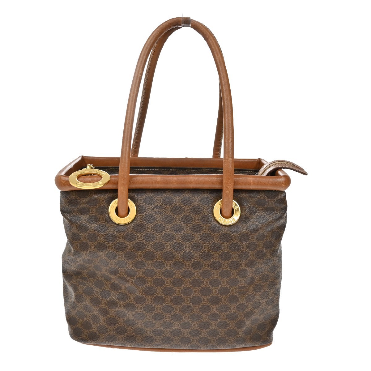 CELINE Logo Circle Macadam Pattern Hand Bag PVC Leather Brown GHW Italy 38KB361