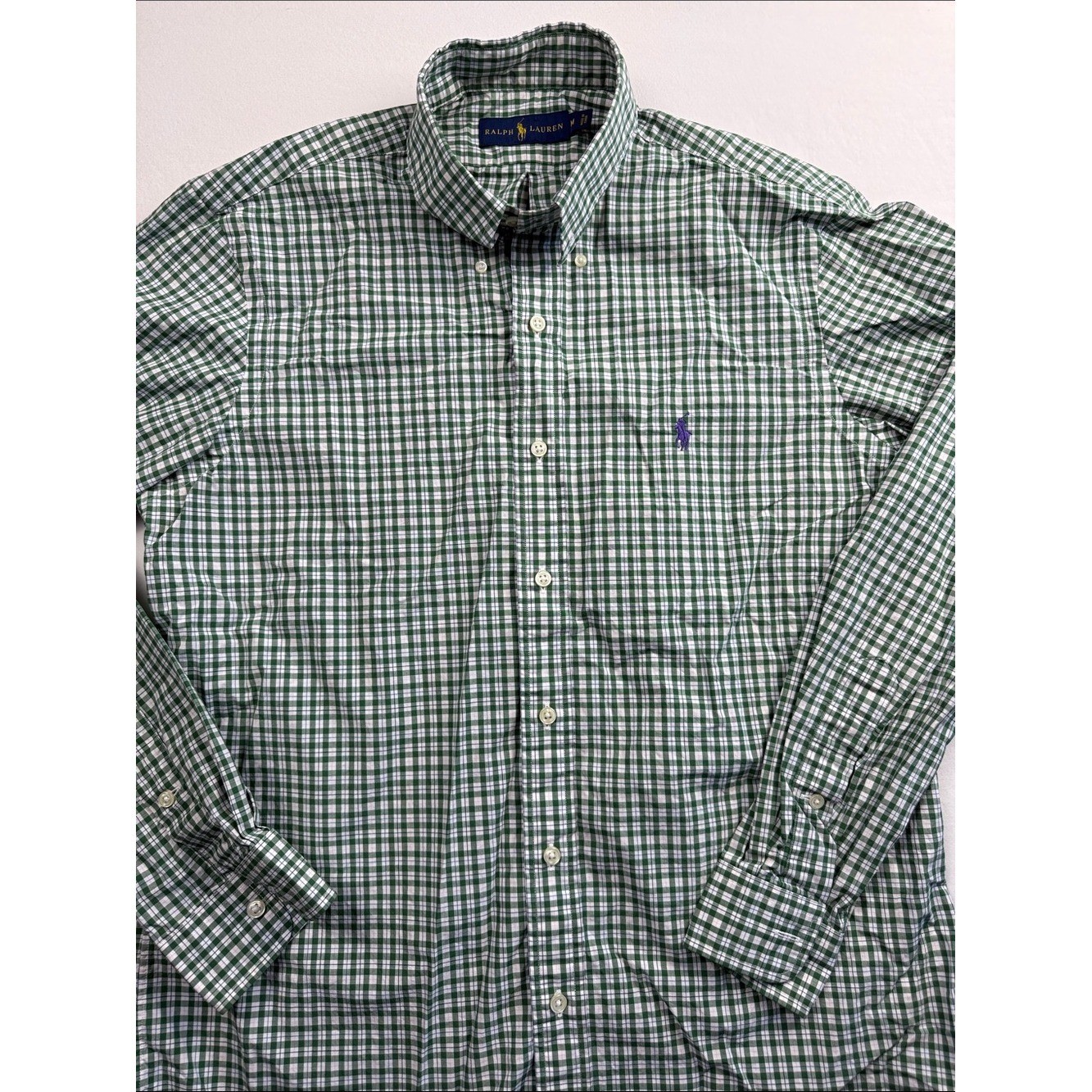 Ralph Lauren Green and White Check Button-Down Shirt sz Medium