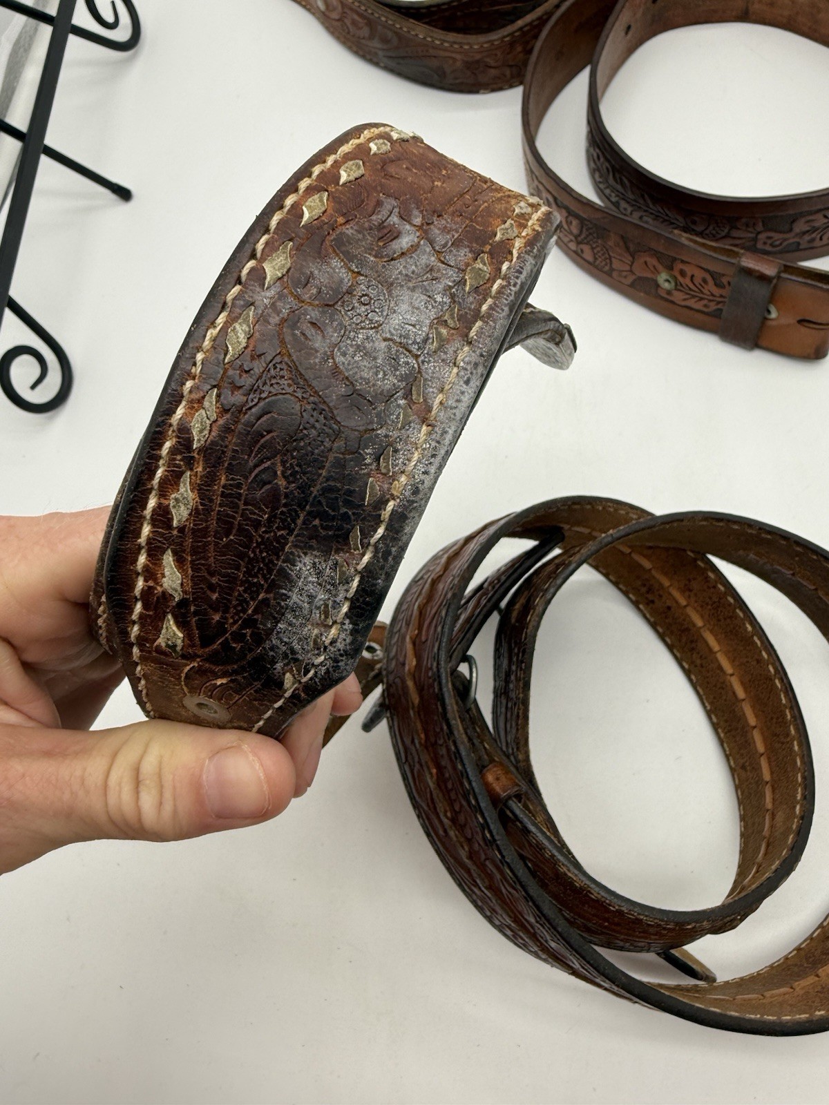 Lot of 5 Leather Belts Vintage Western Style Buckle Replacement Parts See Photos