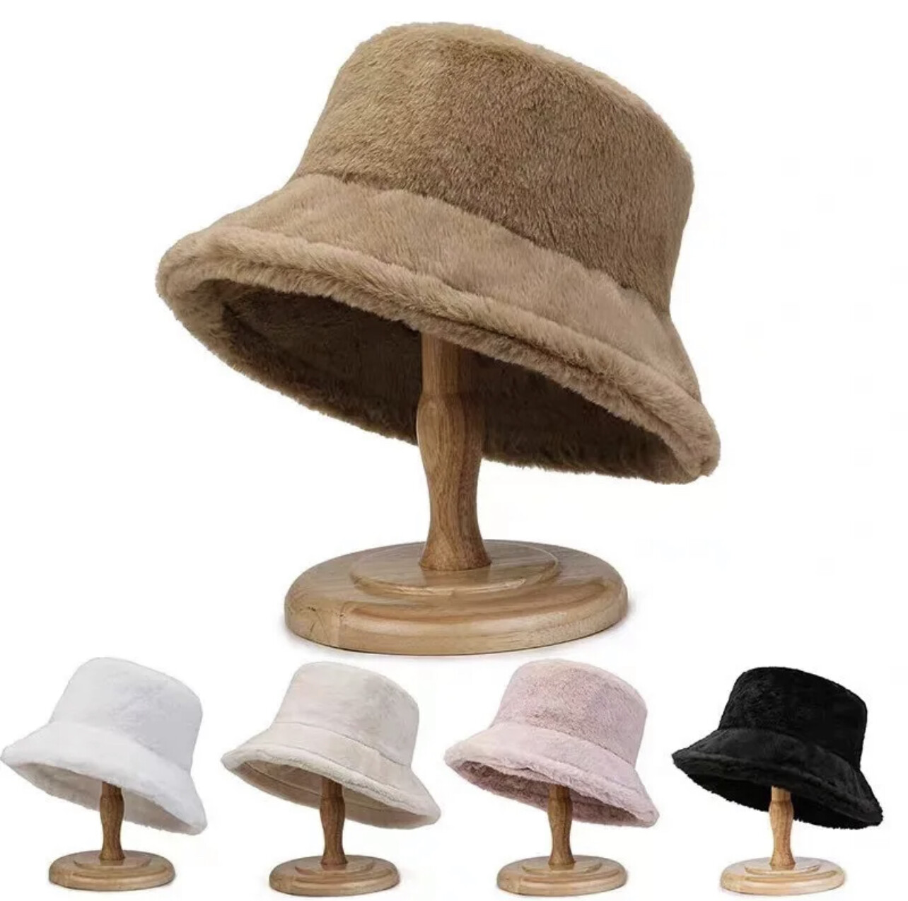 Soft Women Plush Cute Winter Bucket Hat Wide Brim Fluffy Fisherman Faux Fur Cap