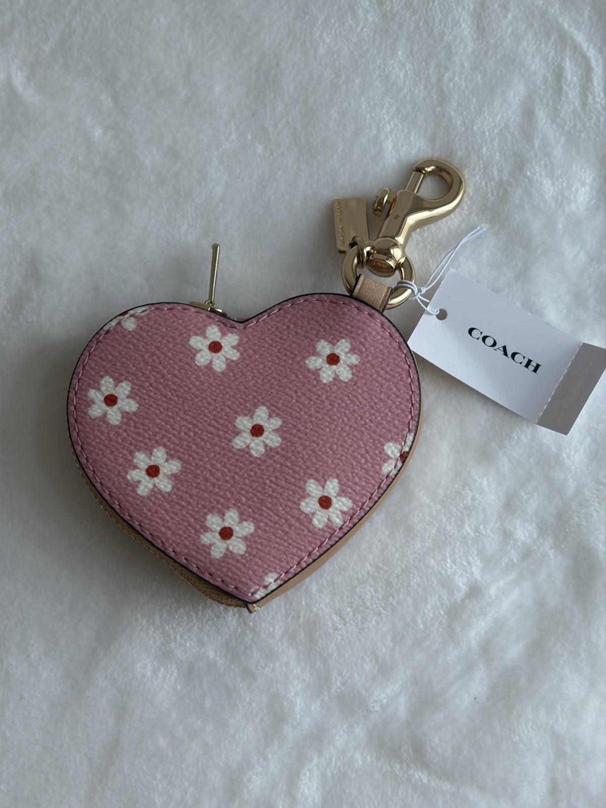 Coach Floral Heart Zip Coin Purse Keychain Charm Pink/White/Gold Leather CEU35
