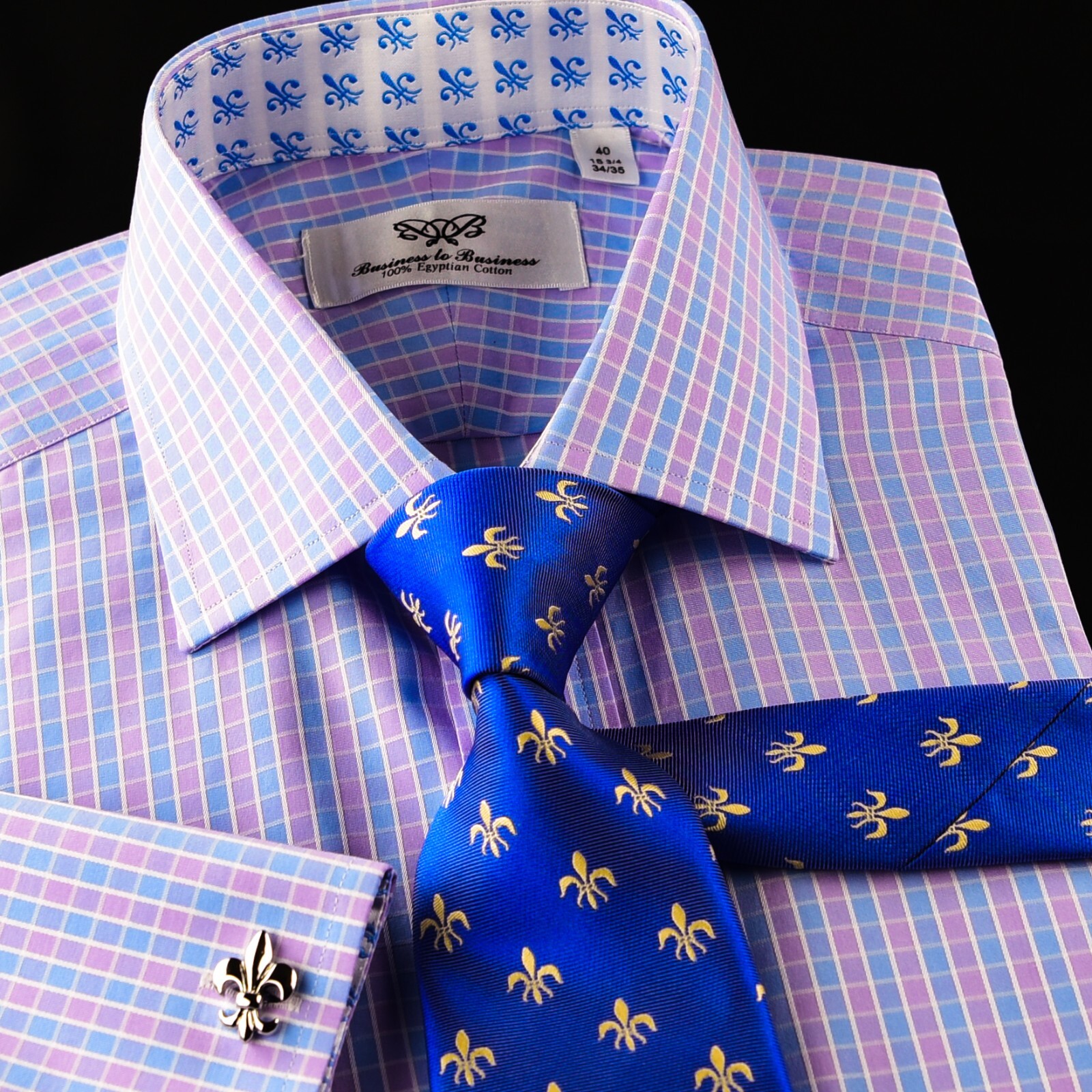 NEW Arrival Purple Blue Check WIth Blue Fleur-De-Lis Dress Shirt French Cuffs