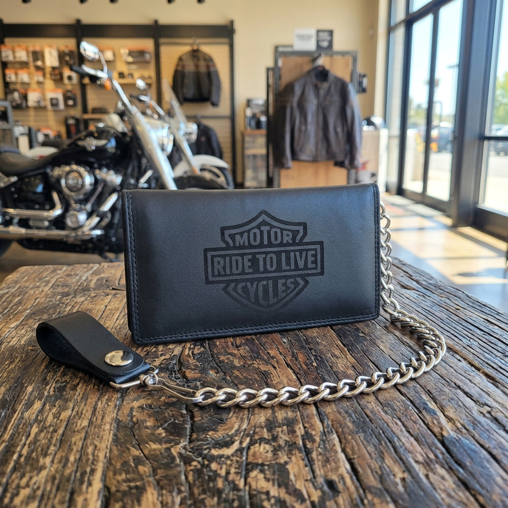 Ride To Live Genuine Leather Biker Long Wallet With Chain Black BiFold 7″ Wallet