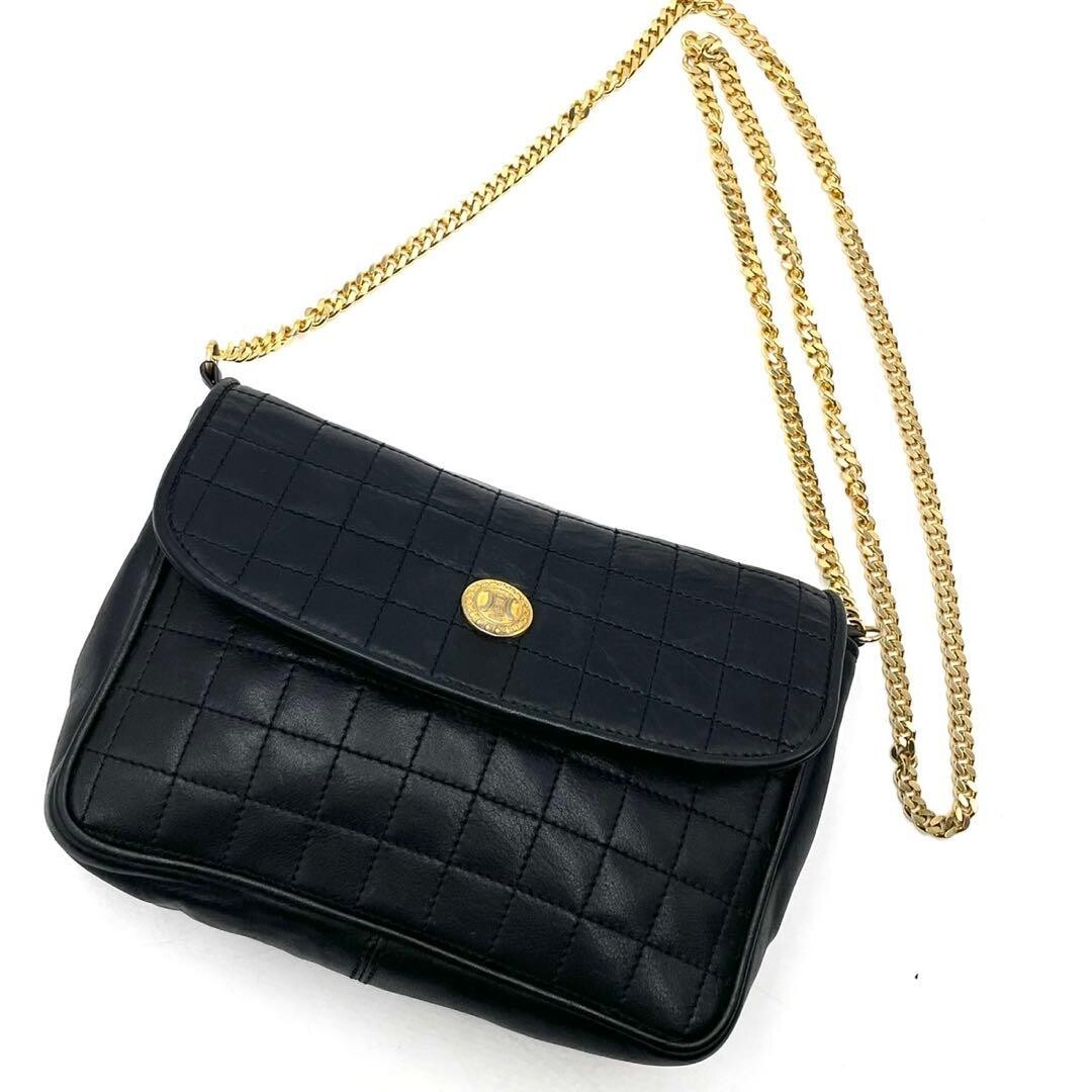 CELINE Triomphe Quilted Black Leather Gold Chain Shoulder Bag Pochette Vintage