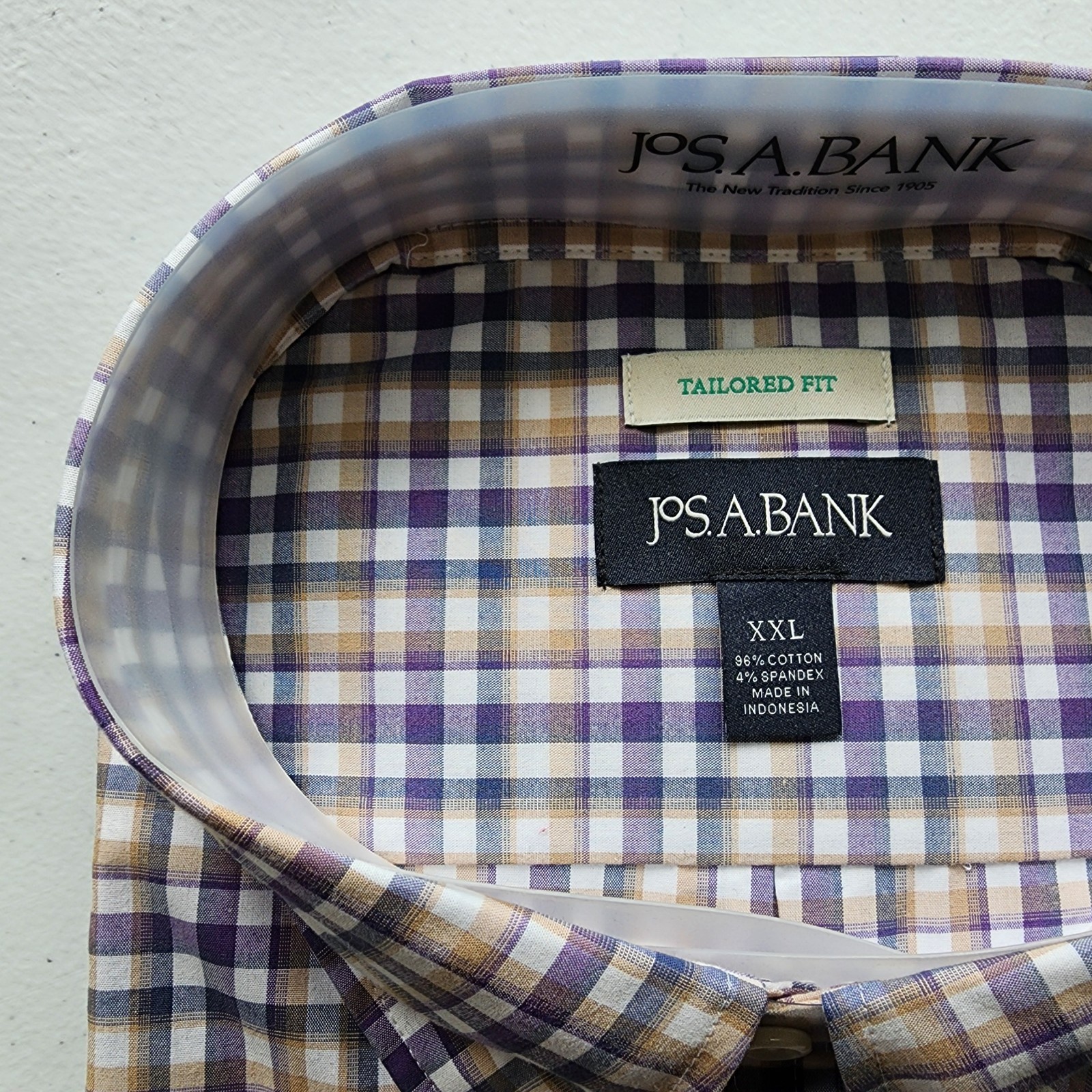 XXL Purple Shirt Plaid Checked Beige White Mens Jos A Bank New Tailored Fit Size