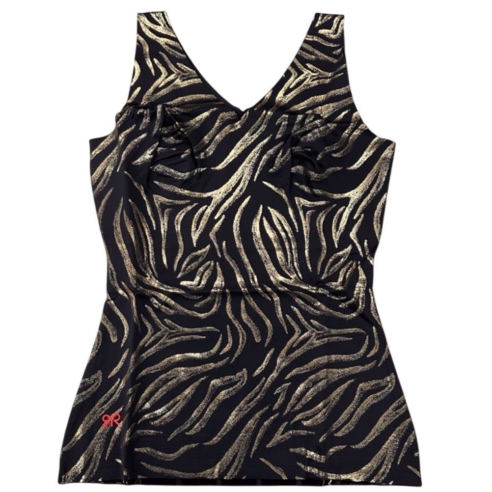 NWT Ruby Ribbon Gilded Gold Tiger V Neck Top Black Smoothing Shapewear Size 32