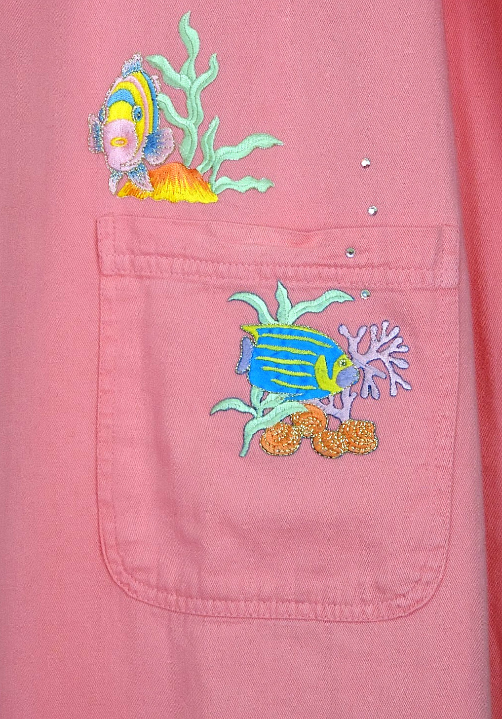 TIA Designs Pompano Beach Sz XL L Peachy Pink Dress Tunic Fish Applique Cotton