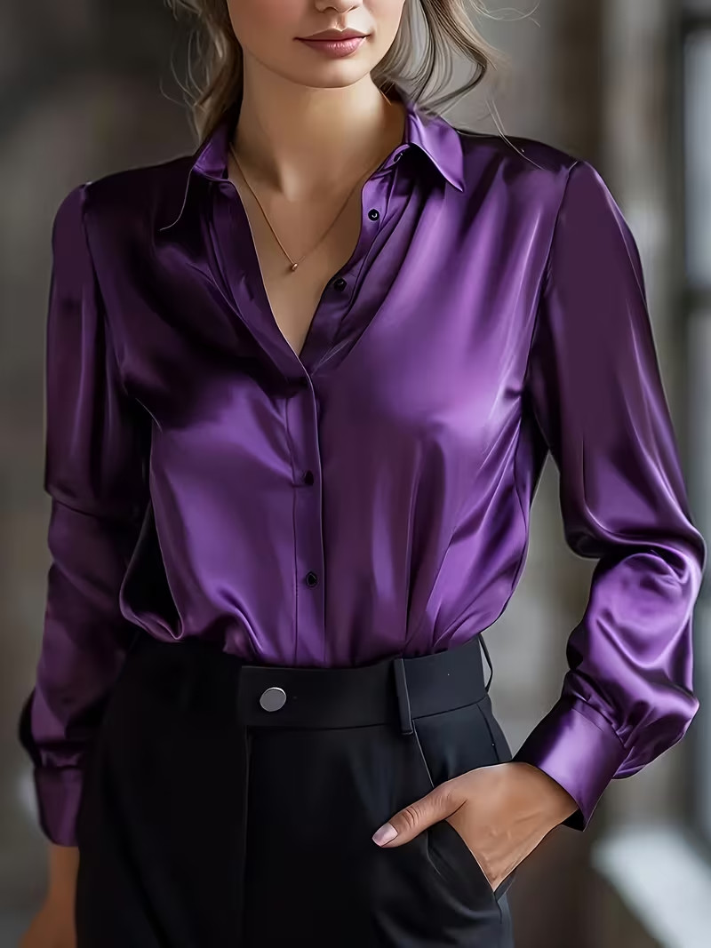 New Classy Elegant Silky Sensuous Purple Satin Long Sleeve Blouse Plus 2XL NEW