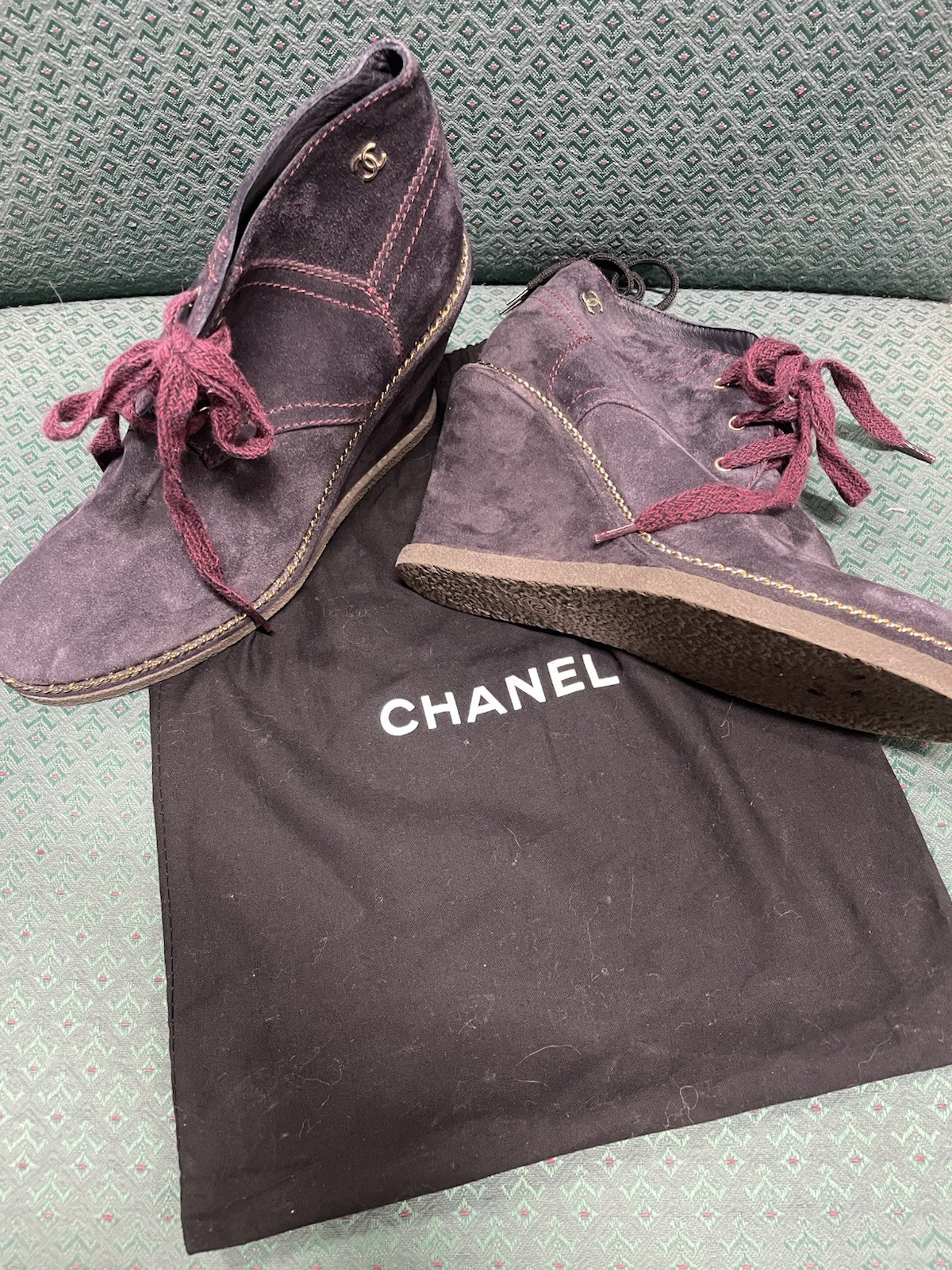 CHANEL Purple Suede Lace-Up Ankle Booties CC Logo Round Toe EU 41