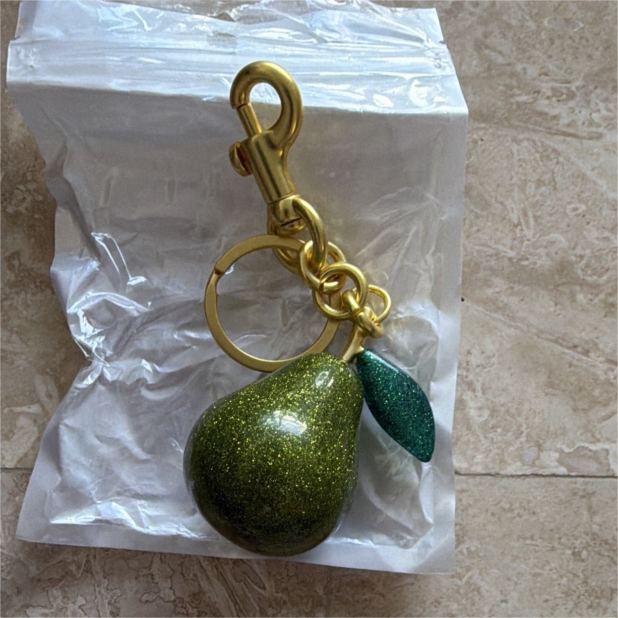 Glitter Pear Fruit Key Chain Bag Charm Green Gold Metal Unisex