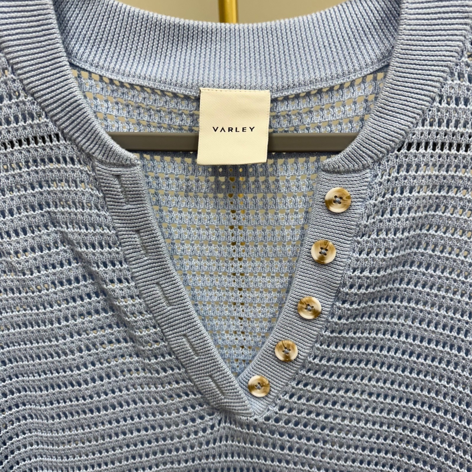 Varley Blue Callie Open Knit Cotton Short Sleeve Sweater Shirt Womens Size XL