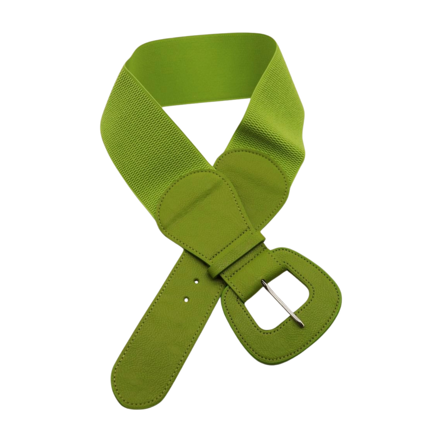 Women Olive Green Elastic Waistband Wide Popular Fun Fashion Belt Big Buckle S M
