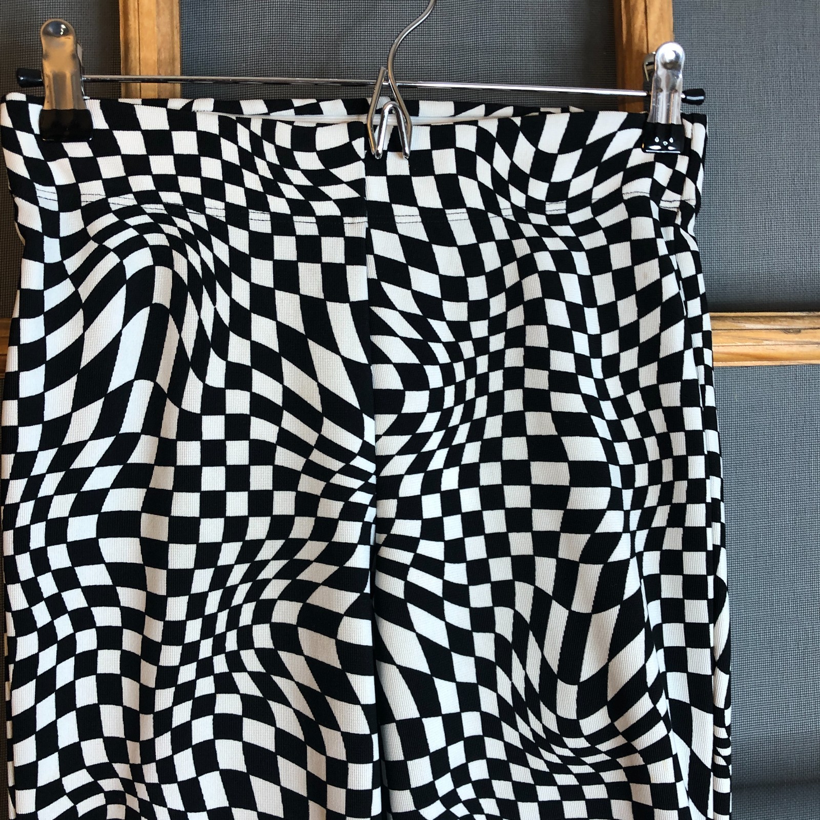 Garage Womens XS Black White Warped Checker Bell Bottom Flare Pants Disco 70s