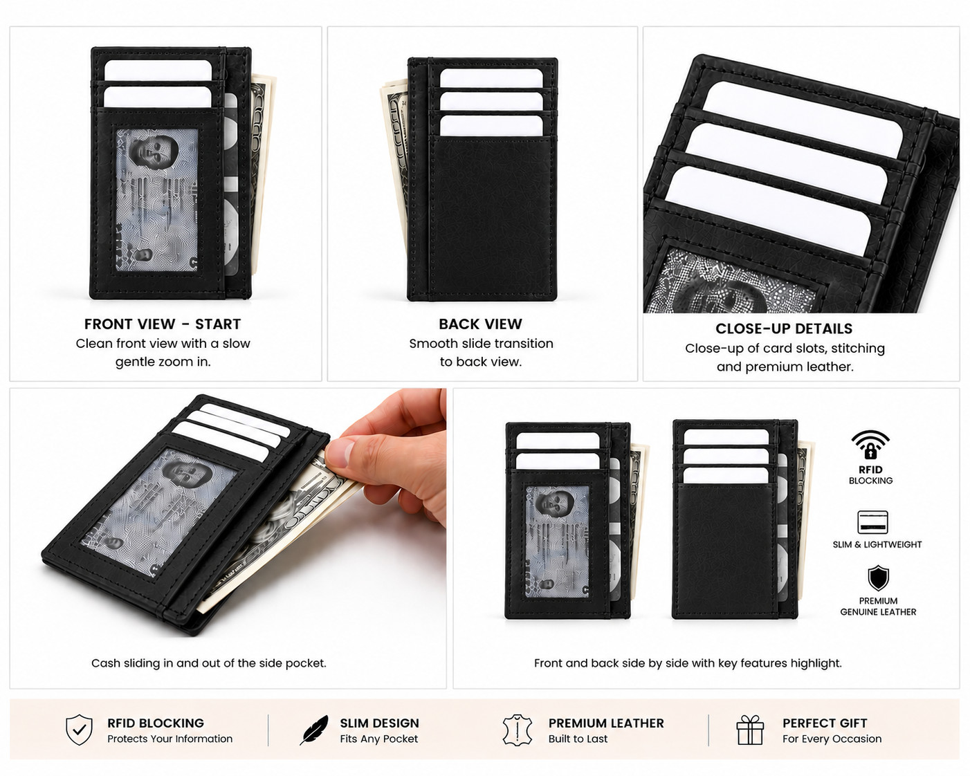 Mens Slim Wallet RFID Blocking Card Holder Front Pockets Leather Wallet Black