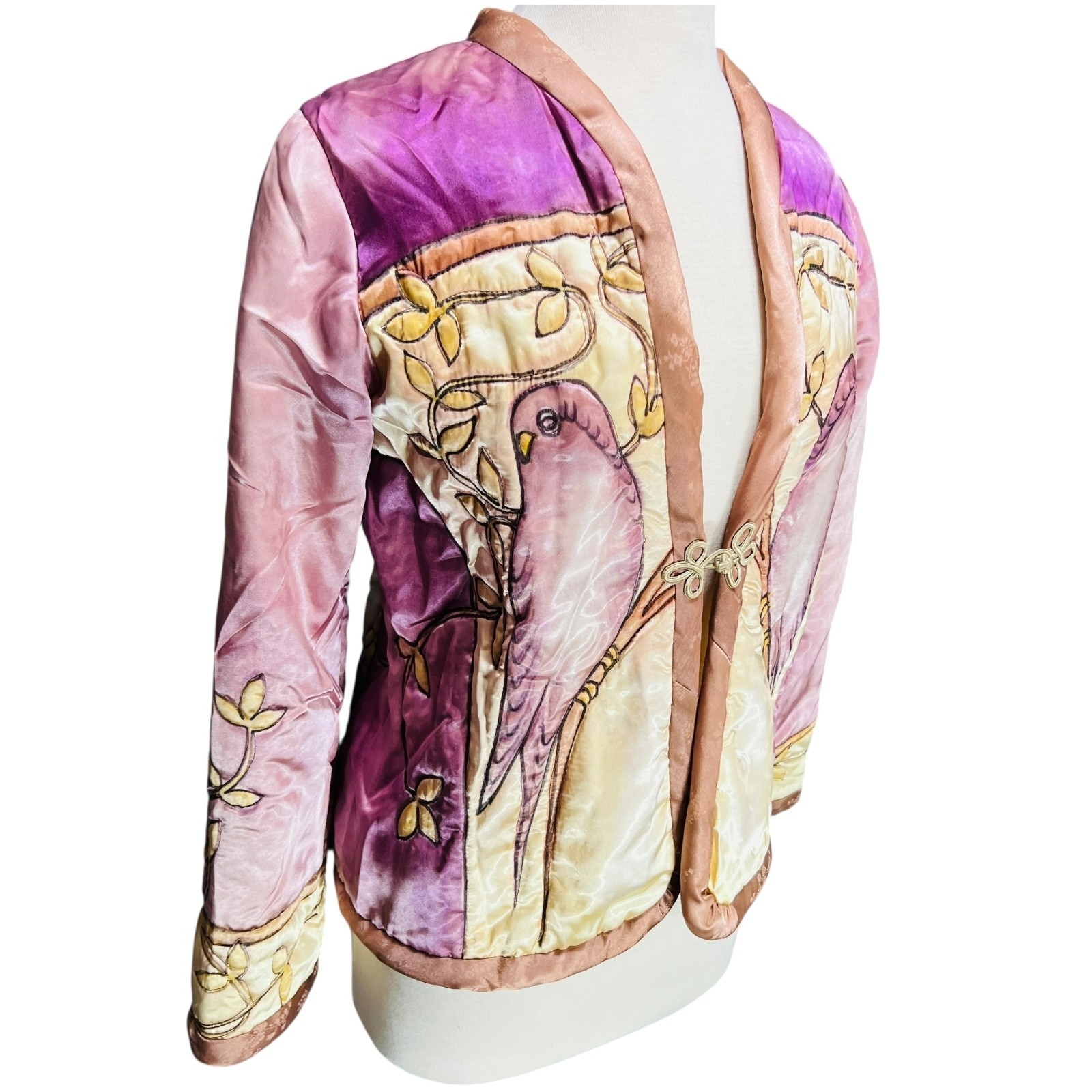 VTG Valery Guignon Hand Painted Silk Quilt Jacket Sz M Wearable Art Birds Signed