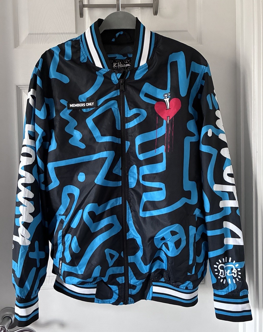 Members Only Keith Haring Tokyo Pop Bomber Jacket Black Blue Graphic Print S