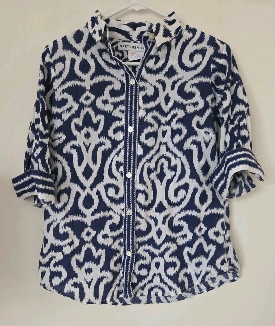 Gretchen Scott Blouse Blue White Swirl Button Up 3/4 Sleeve Size XS