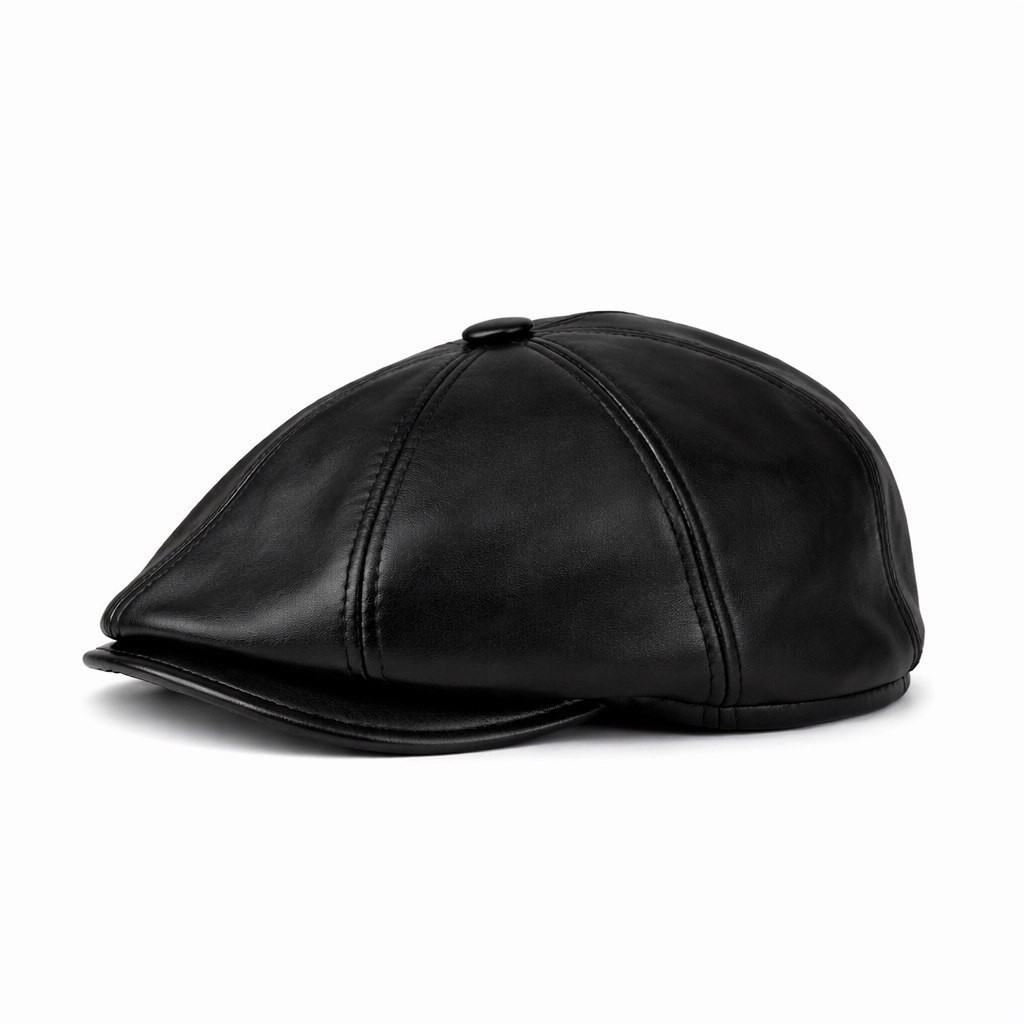 Men’s Real Leather Gatsby Black Cap Golf Driving Ascot Flat Cabbie Ivy Newsboy