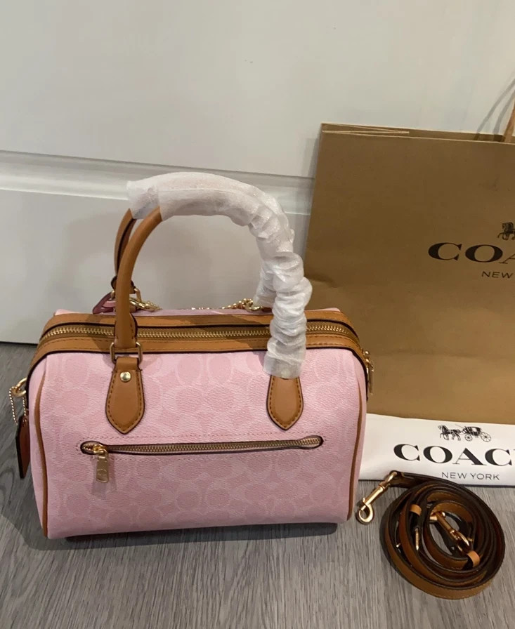 Coach Rowan Satchel Bag Signature Canvas With Charms Gold/Powder Pink CEA18 New