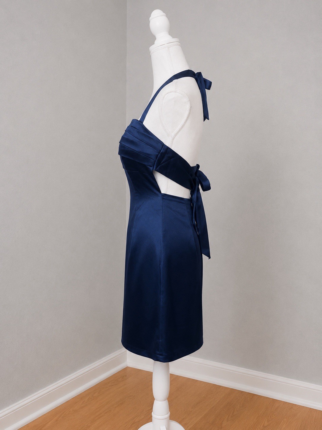 #9 – 8A. Navy Halter style pleated front bodice satin slip dress-Size 0 (XS);