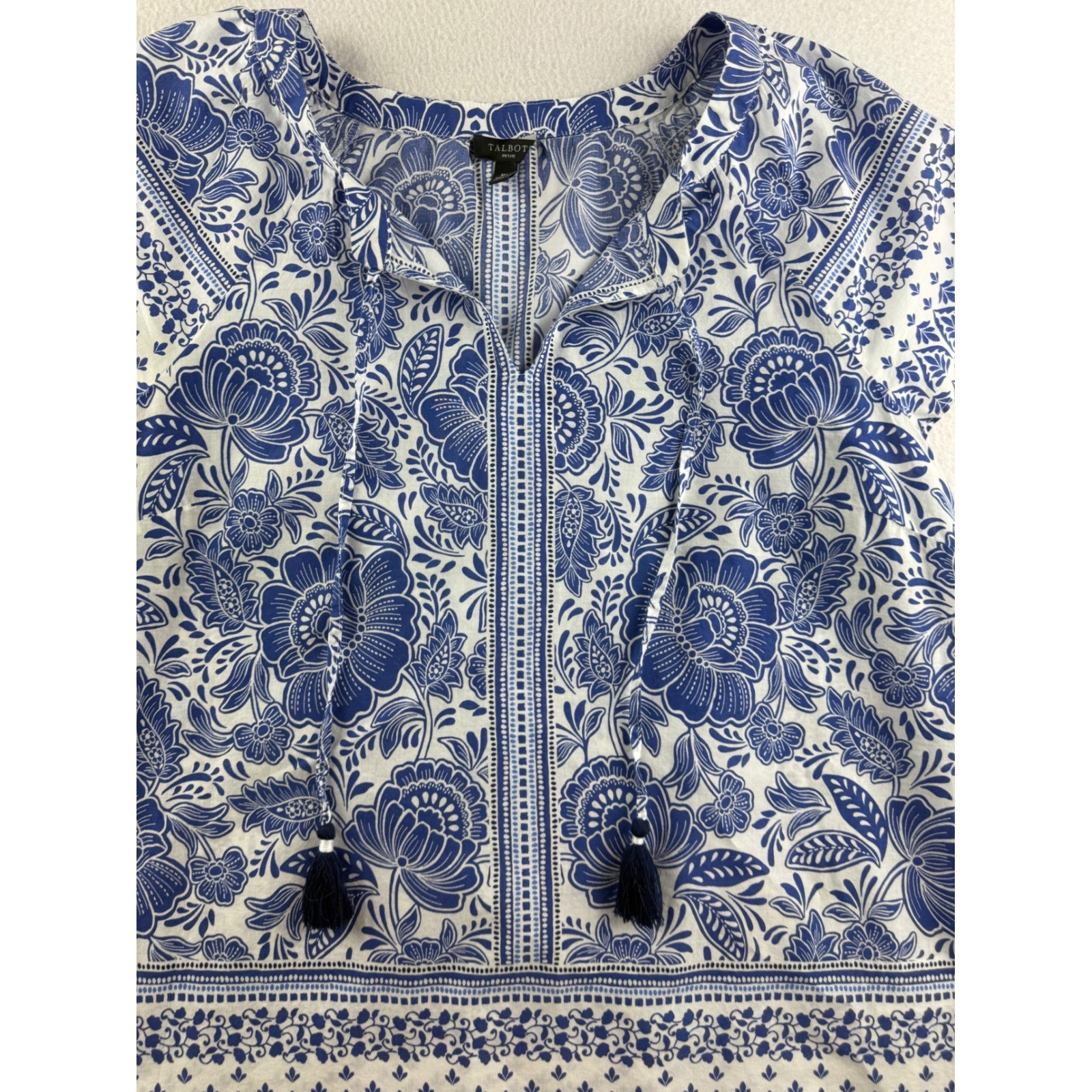 Talbots Petite Medium Blue White Floral Cotton Tassel Cap Sleeve Boho Top MP