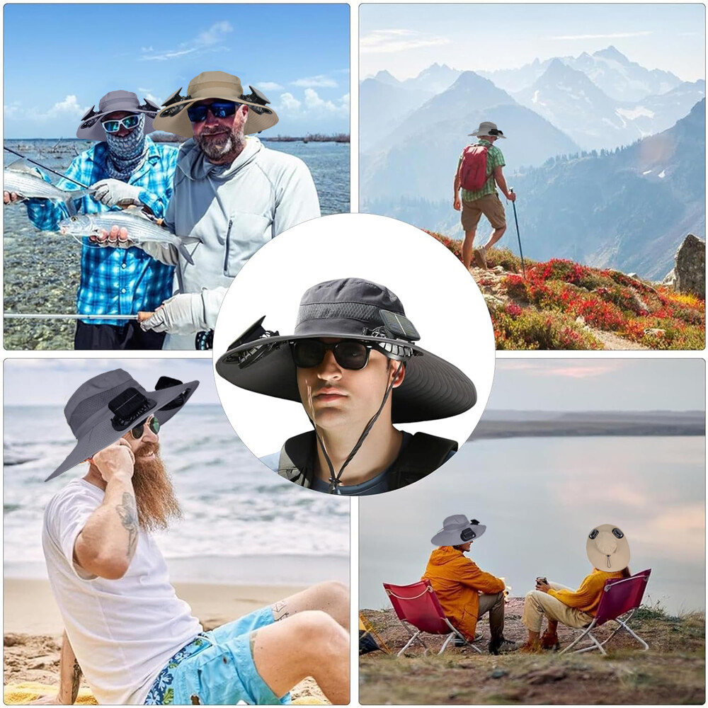 Outdoor Wide Brim Sun Hat with 2 Solar Fans Fishing Hiking Camping UV Protection