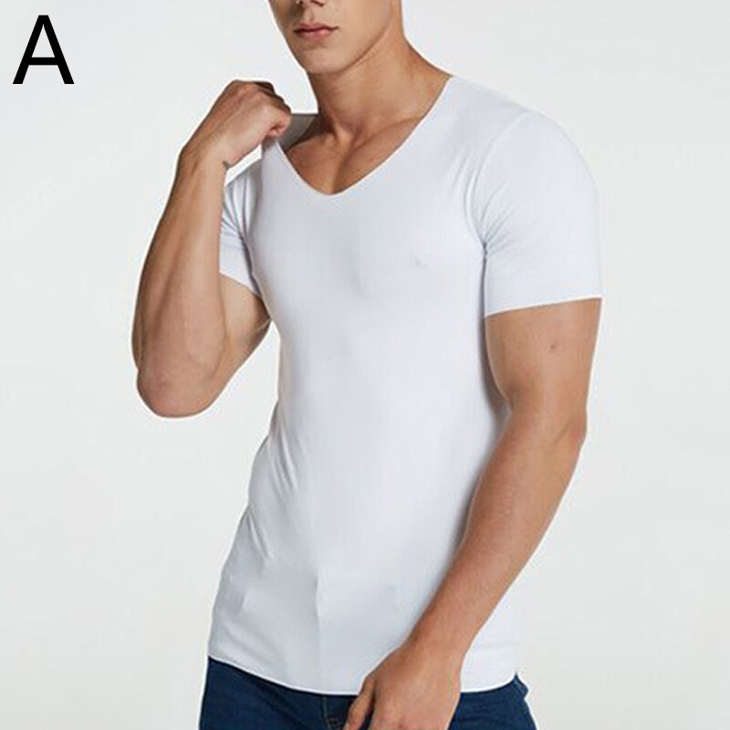 1PC Men Breathable Solid Color V Neck Tops Tees Ice Silk Tshirts Seamless M-5XL