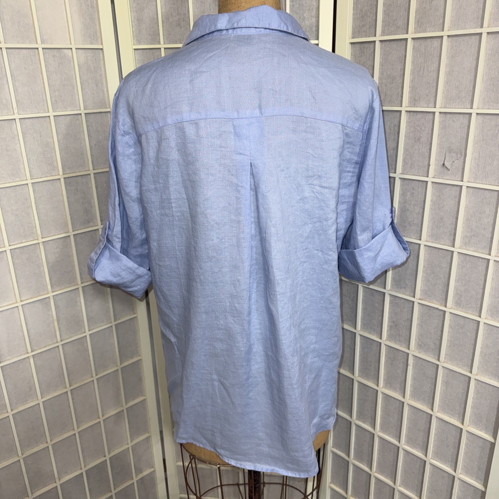 Go Fish Designer Luxury 100% Linen Blue Minimalist Casual Blouse Size Medium