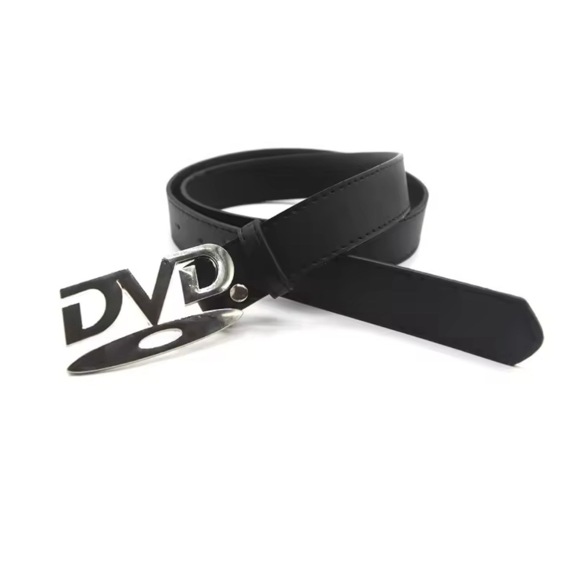 Men’s Black Solid Y2K Adjustable Belt w/ Silver-Tone DVD Logo Buckle