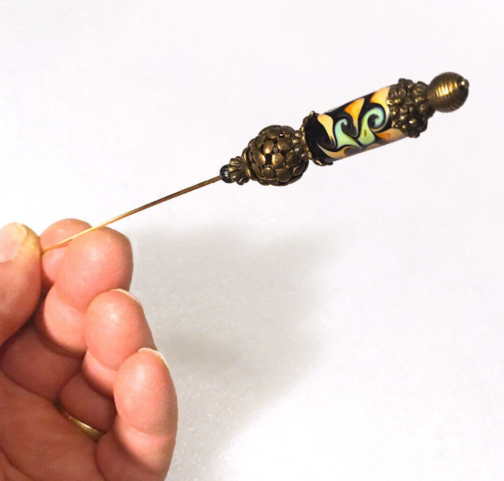 Hatpin with Vintage Tibetan Design & antique Bronze & Hand Made Artisan Ceramic