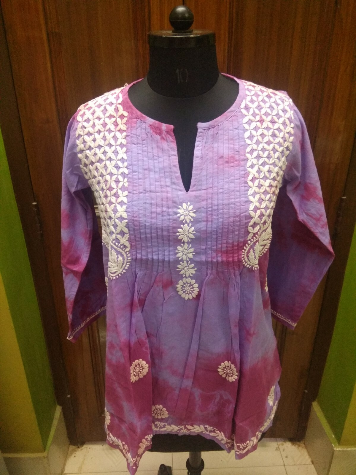 TIE DYE S 38″ L 42″ CHIKAN EMBROIDERY 100%COTTON ETHNIC TOP HANDMADE KURTA KURTI