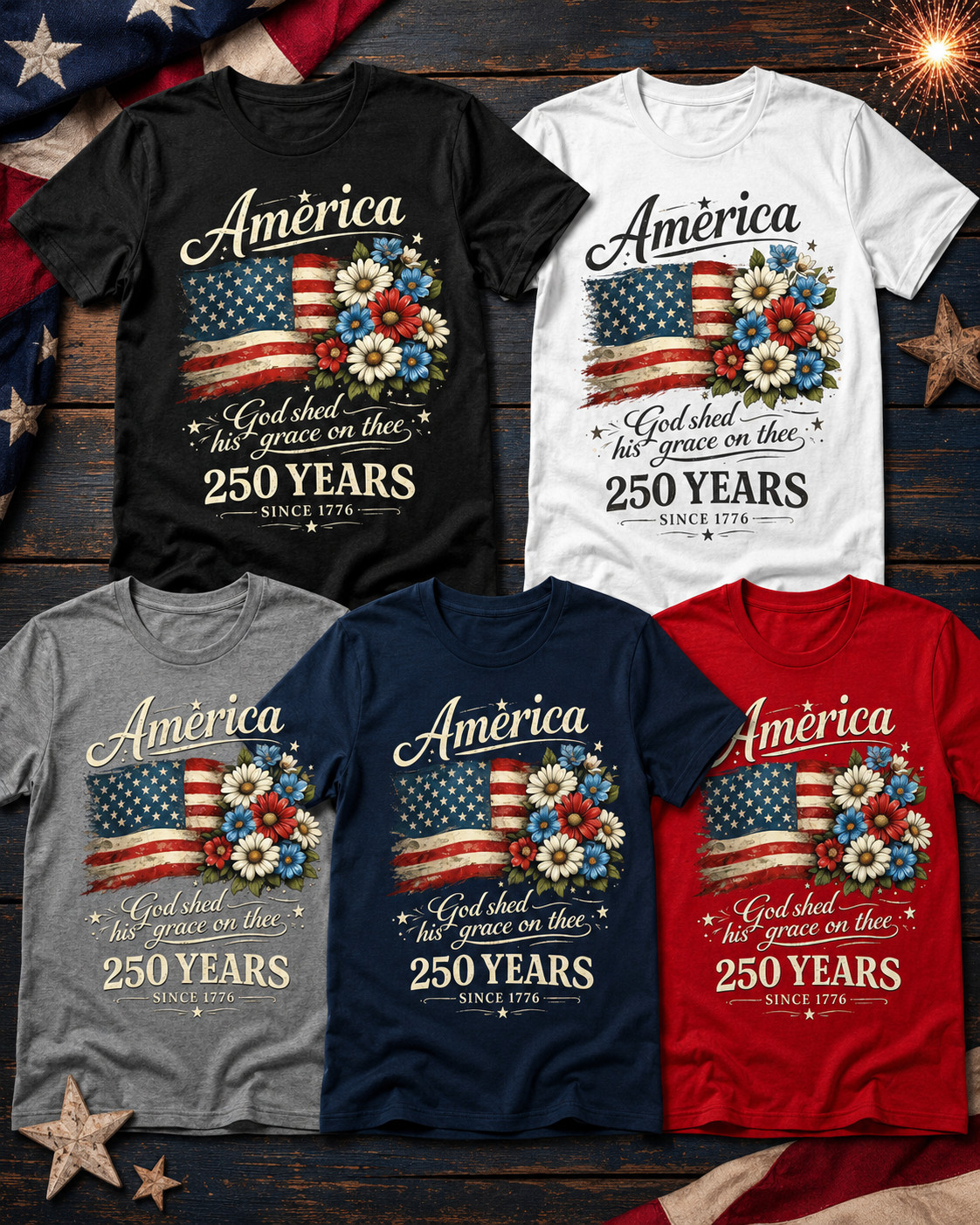 250th Anniversary Flag Floral USA Flag Patriotic 4th of July T-Shirt
