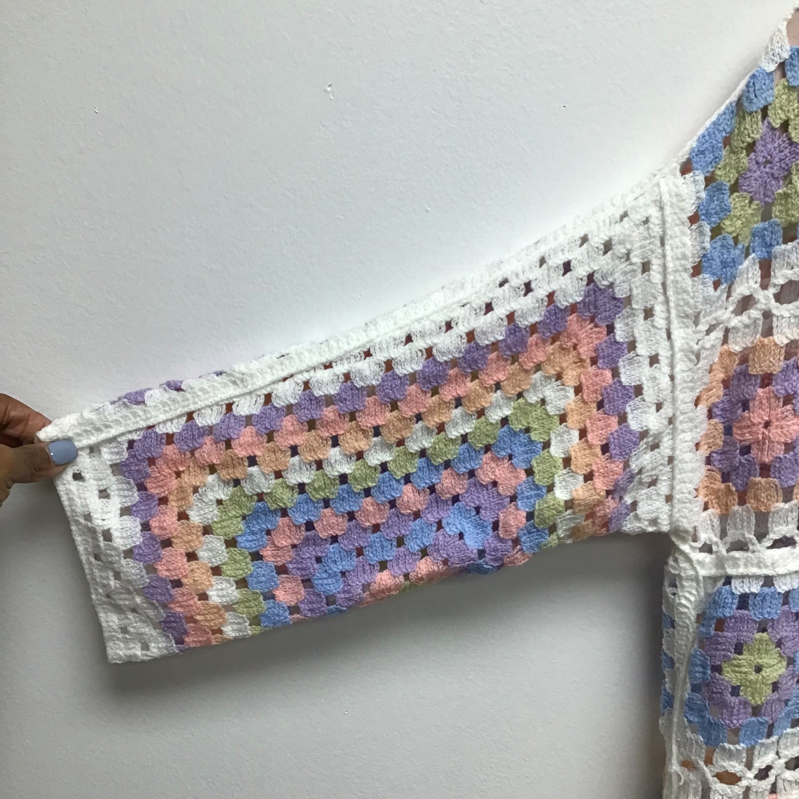 POL Pastel Crochet Cardigan Womens Granny Square Open Front Boho One Size NWOT