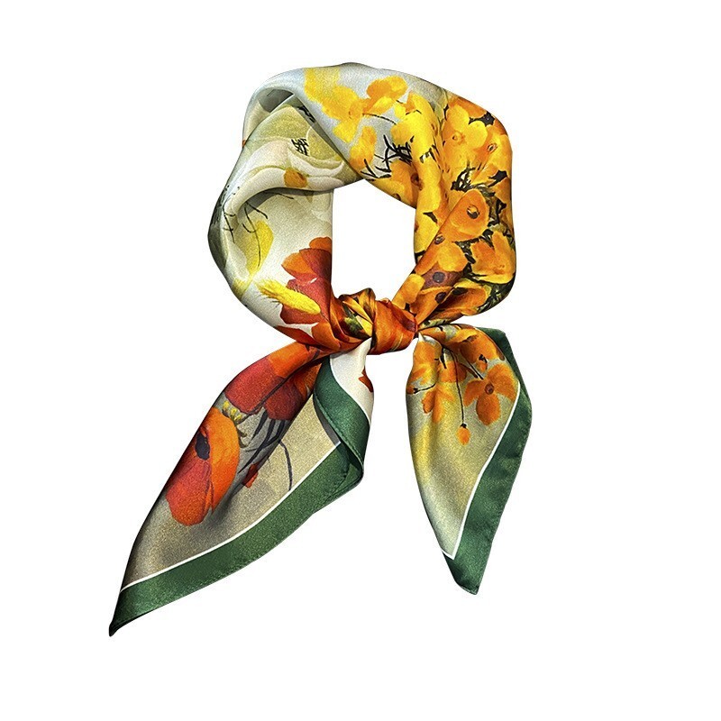 100% Silk Mulberry Neckerchief Women Orange Flower Vintage 27″ Square Scarf Wrap