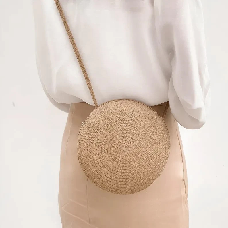 Handmade Woven Round Straw Crossbody Bag, Summer Beach Shoulder Purse for Women