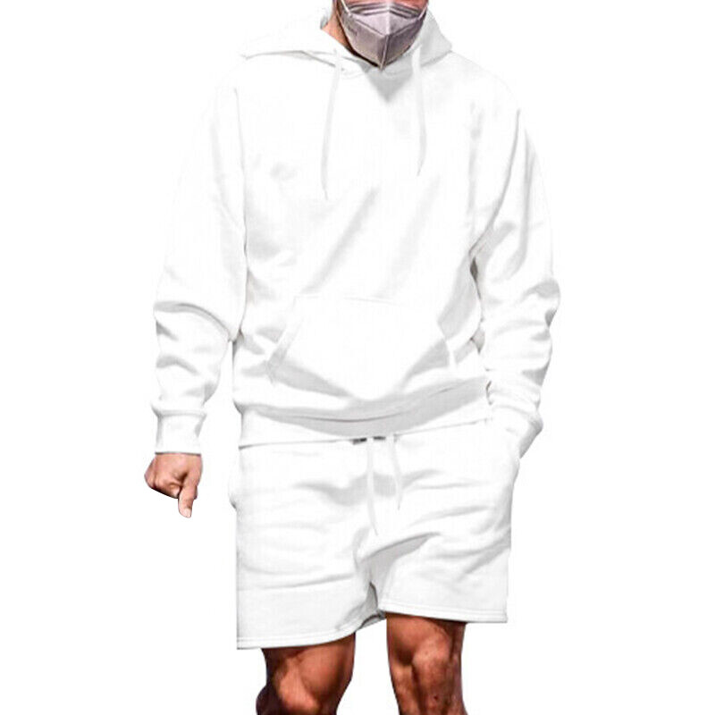 2PC Mens Long Sleeve Hoodie+Shorts Tracksuit Set Casual Baggy Solid Outfit Suit