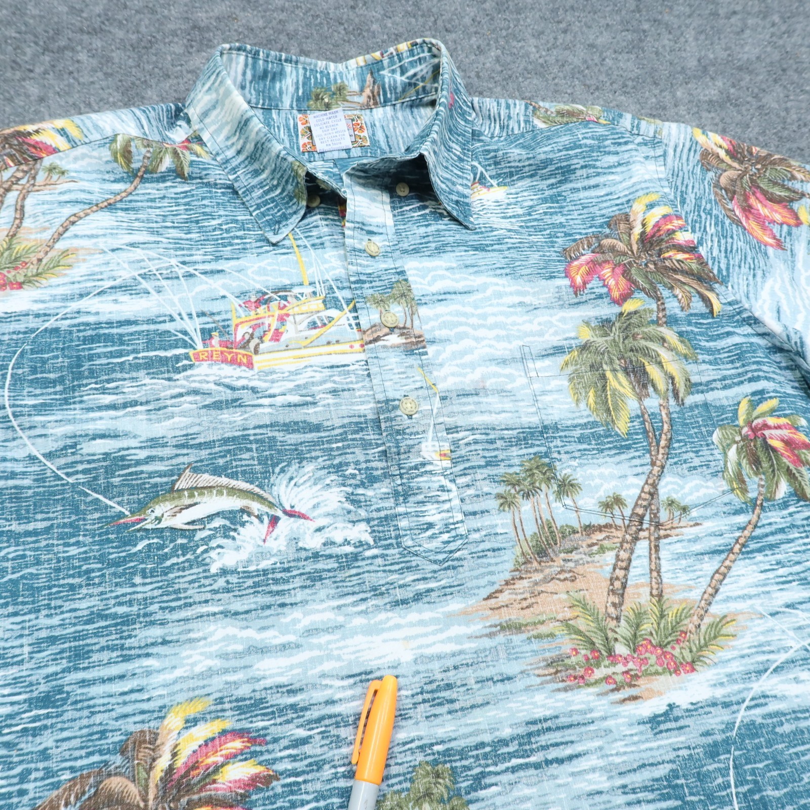 Reyn Spooner Shirt Mens XL Blue Pullover Hawaiian Boats Fishing Short Sleeve