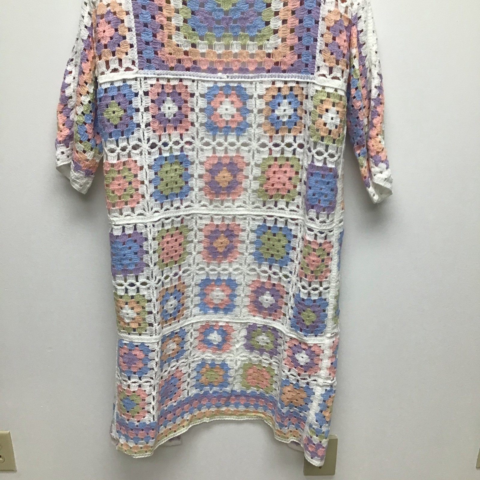 POL Pastel Crochet Cardigan Womens Granny Square Open Front Boho One Size NWOT