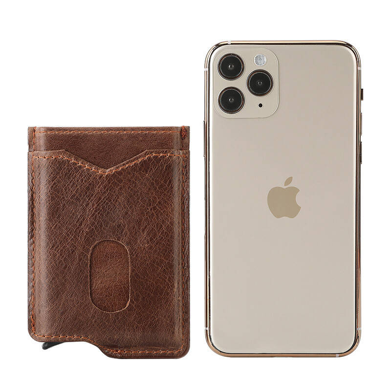 Genuine Leather Slim Minimalist Wallet for Men,RFID Aluminum Pop Up Card Holder