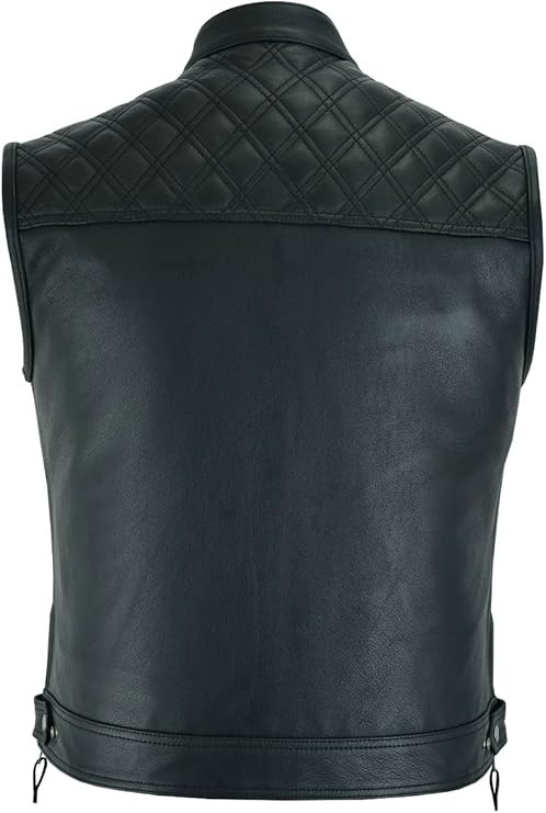 Men’s Black Leather Motorcycle Vest USA Flag Liner Biker Club Riding Side Strap