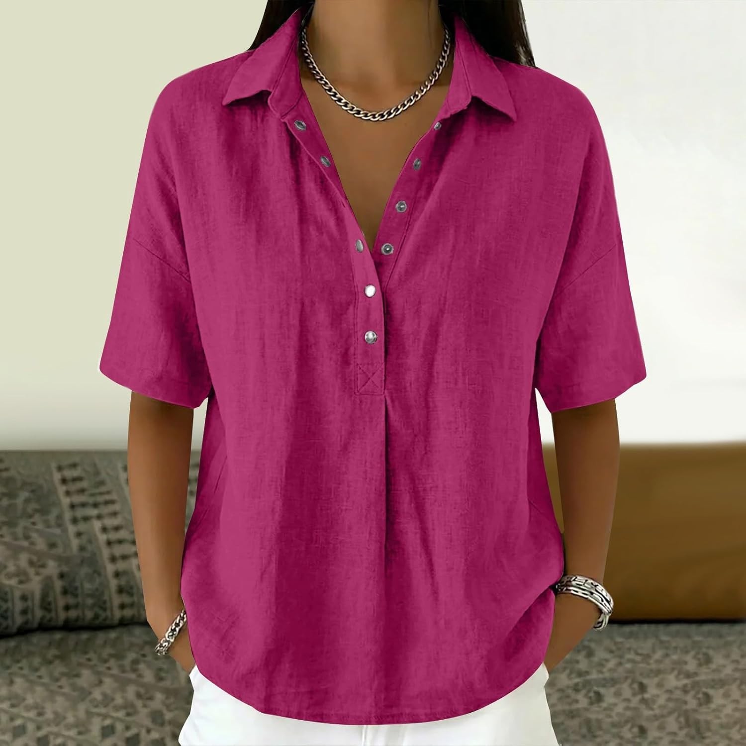Women Cotton Linen Tops Button Down V Neck Half Sleeve Summer Gauze Blouse