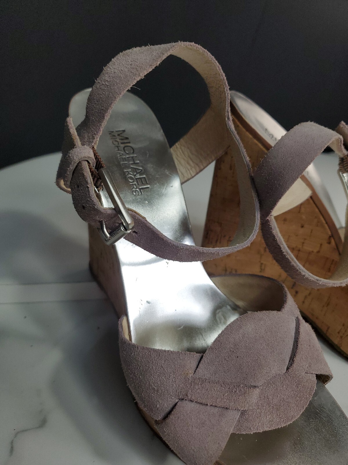 Michael Kors Strappy Leather Peony Pink 4.8″Heels Wedge Corks Bottom Sandal 8M